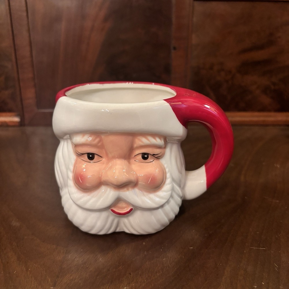 Pottery Barn Santa Claus Face Mug Christmas Holiday Ceramic Red White 3D